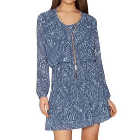 Michael Kors Blue Paisley Peasant Sleeve U Neck sheath Chiffon Dress formal - Picture 16 of 16